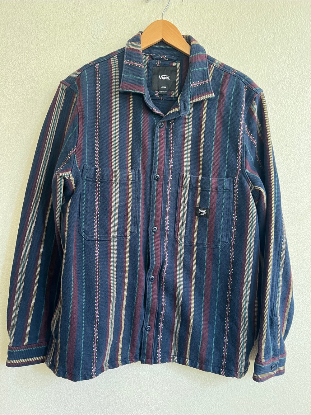 VANS Button-Up Overshirt Shacket Jacket Navy/Multi Vertical Stripe Men's Size L